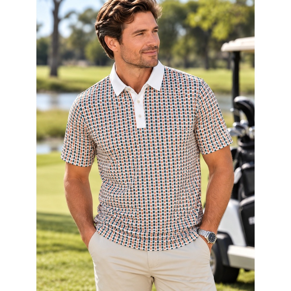 Rhone Mens XL Polo Shirt Short Sleeve Geometric Ikat Print Orange Green Golf